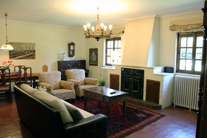 Salón grande del Molino con chimenea, sofá y sillones